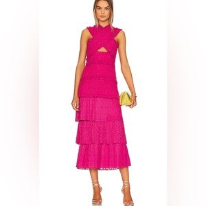 NWT Saylor Lin bright pink smocked tiered midi dress Size Medium Revolve